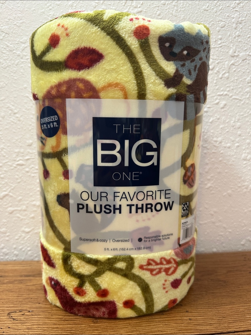 The Big One Yellow Plush Throw with Multicolor Fall Floral & Animal Motifs